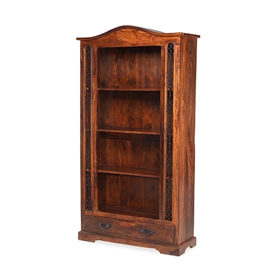View Zander wooden bookcase wide in sheesham hardwood with 1 drawer