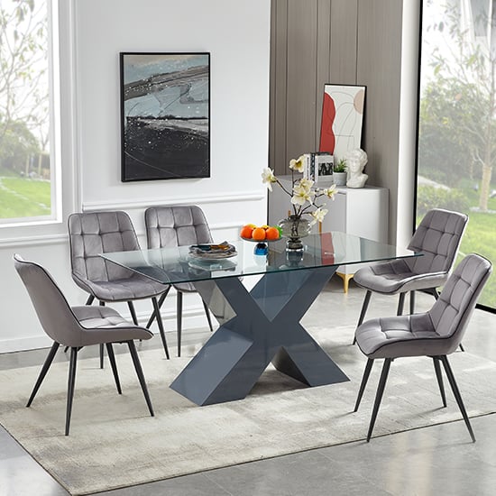 Read more about Zanti glass dining table in grey base with 6 pekato grey chairs