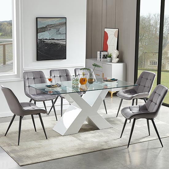 Read more about Zanti glass dining table in white base with 6 pekato grey chairs