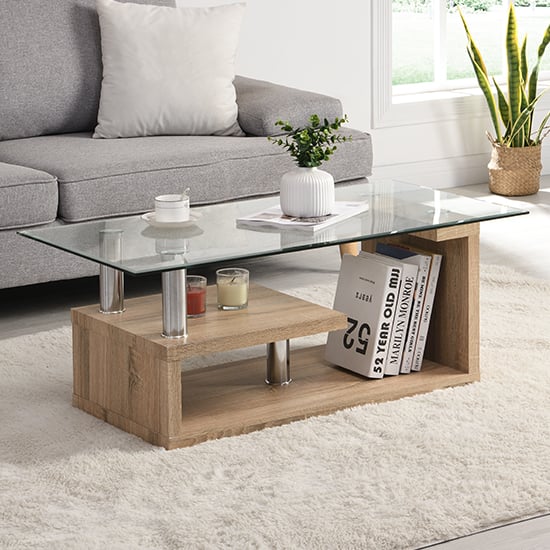 Read more about Zariah clear glass coffee table with oak wooden base