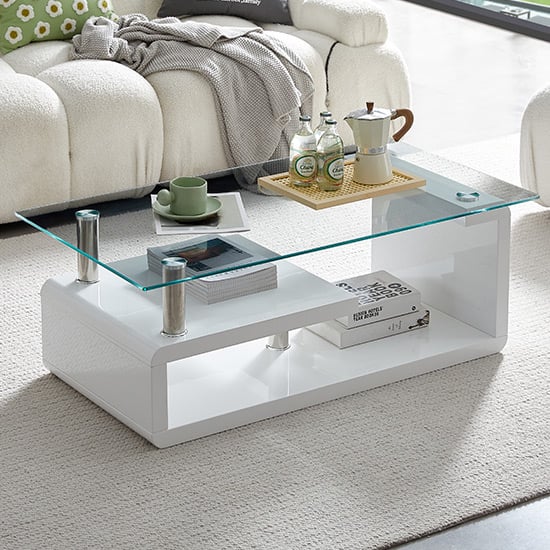 Photo of Zariah clear glass coffee table with white high gloss base