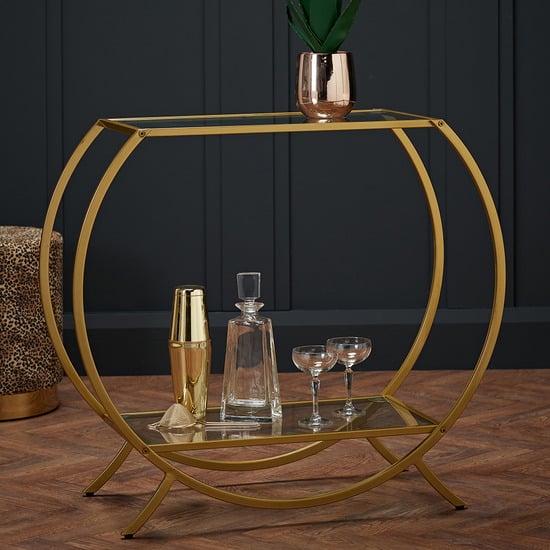 Read more about Zennor clear glass shelves console table with gold frame