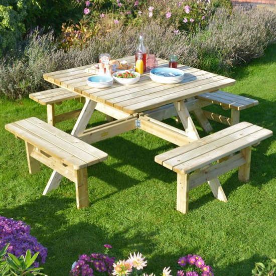 Photo of Zox square wooden 8 seater picnic dining set in natural timber
